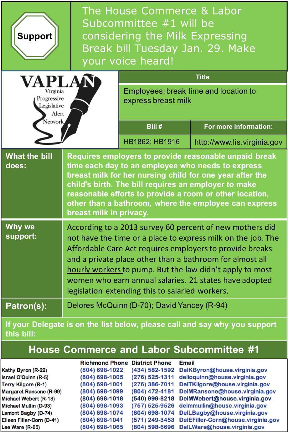 ALERT: Require employers to provide break and space for worker’s to express milk, House Commerce & Labor Subcommittee 1, Tuesday Jan. 29.