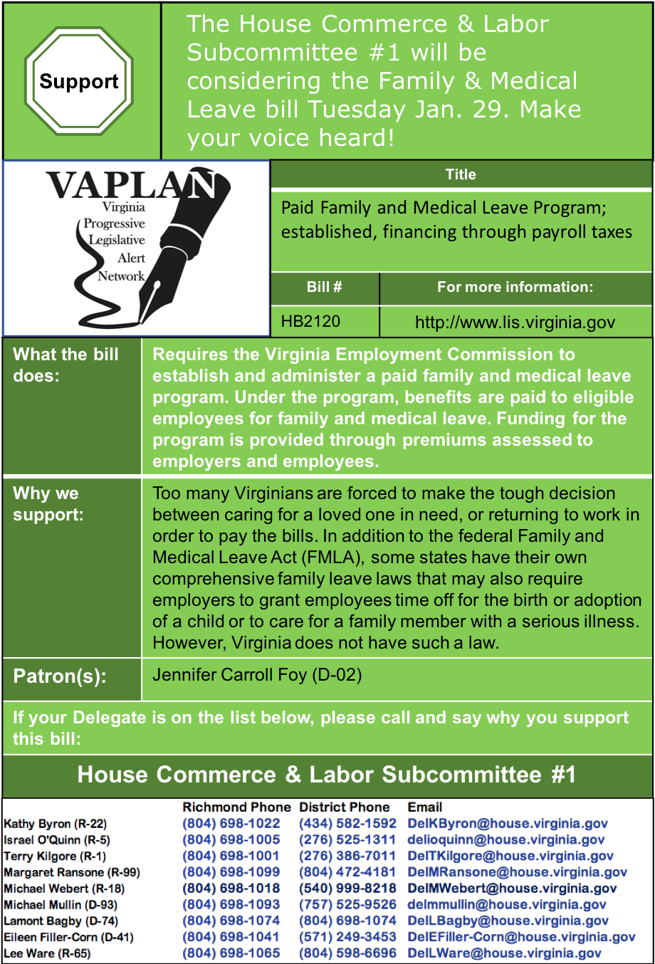 ALERT: House Commerce & Labor Subcommittee #1 considers Virginia Family Medical Leave program Tuesday Jan. 29.