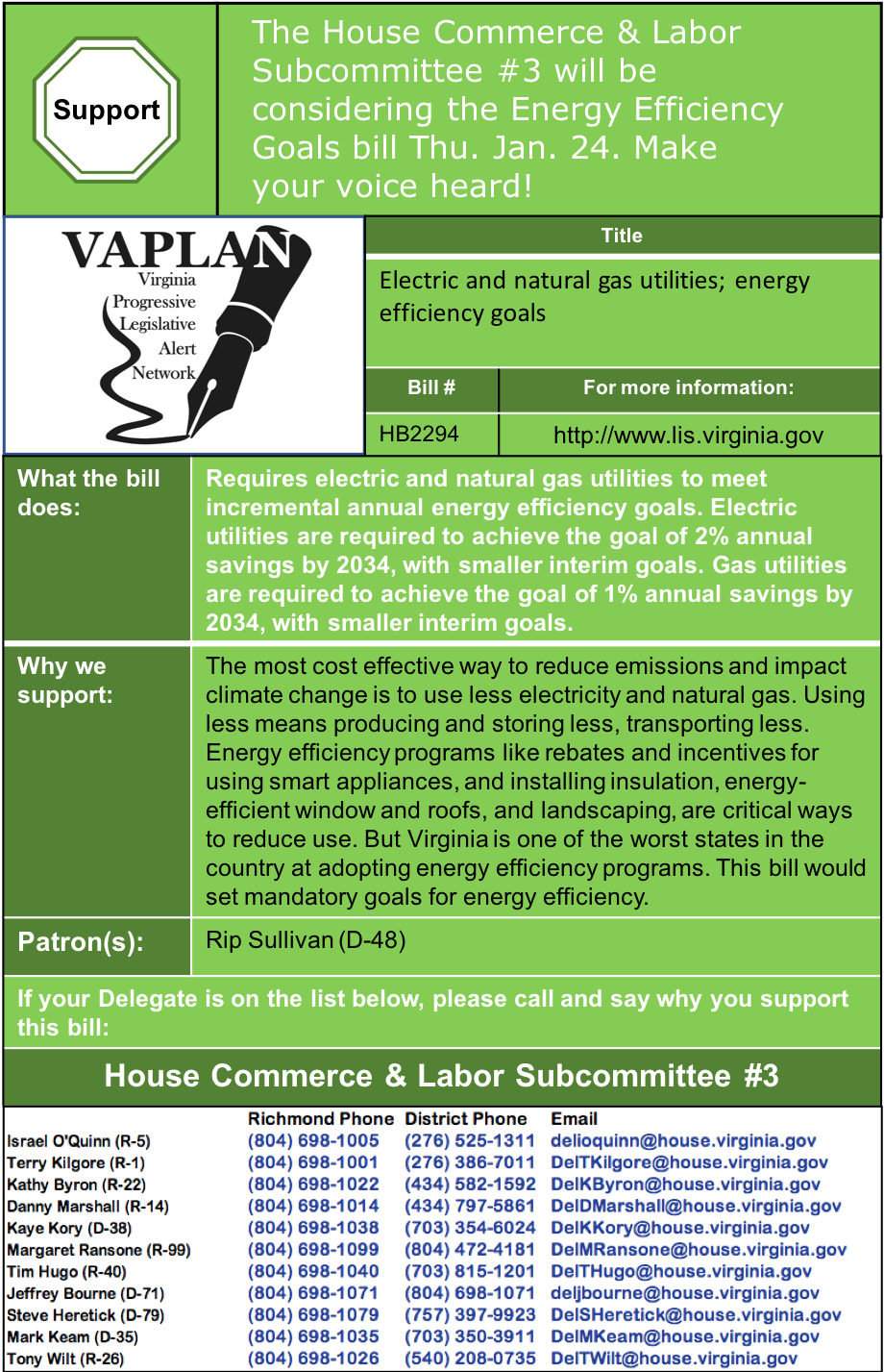 ALERT: Energy Efficiency Goals to be heard in House Commerce & Labor Subcommittee #3 Thu. Jan. 24