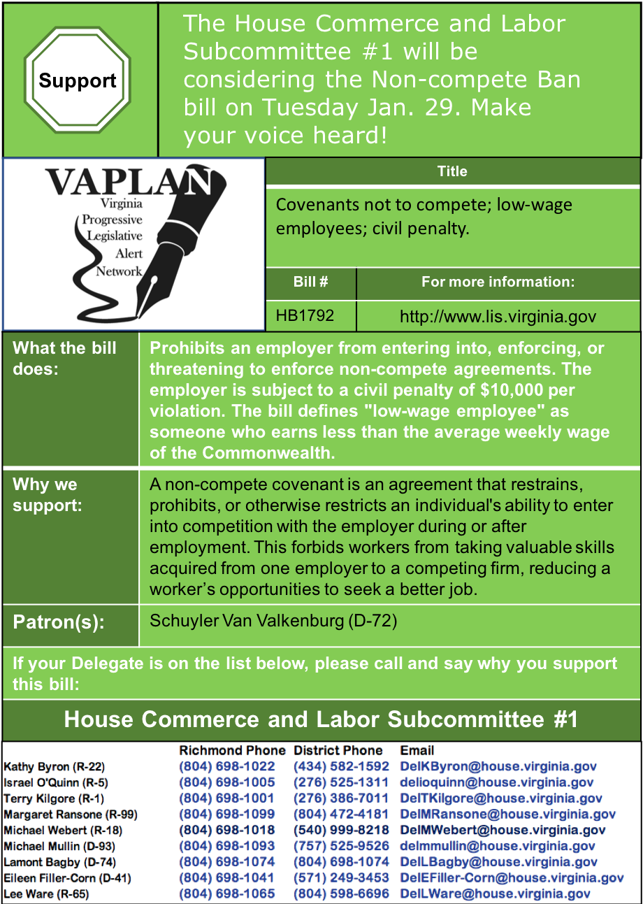 ALERT: Ending non-compete clauses is being heard in House Commerce & Labor Subcommittee Tuesday Jan. 29!