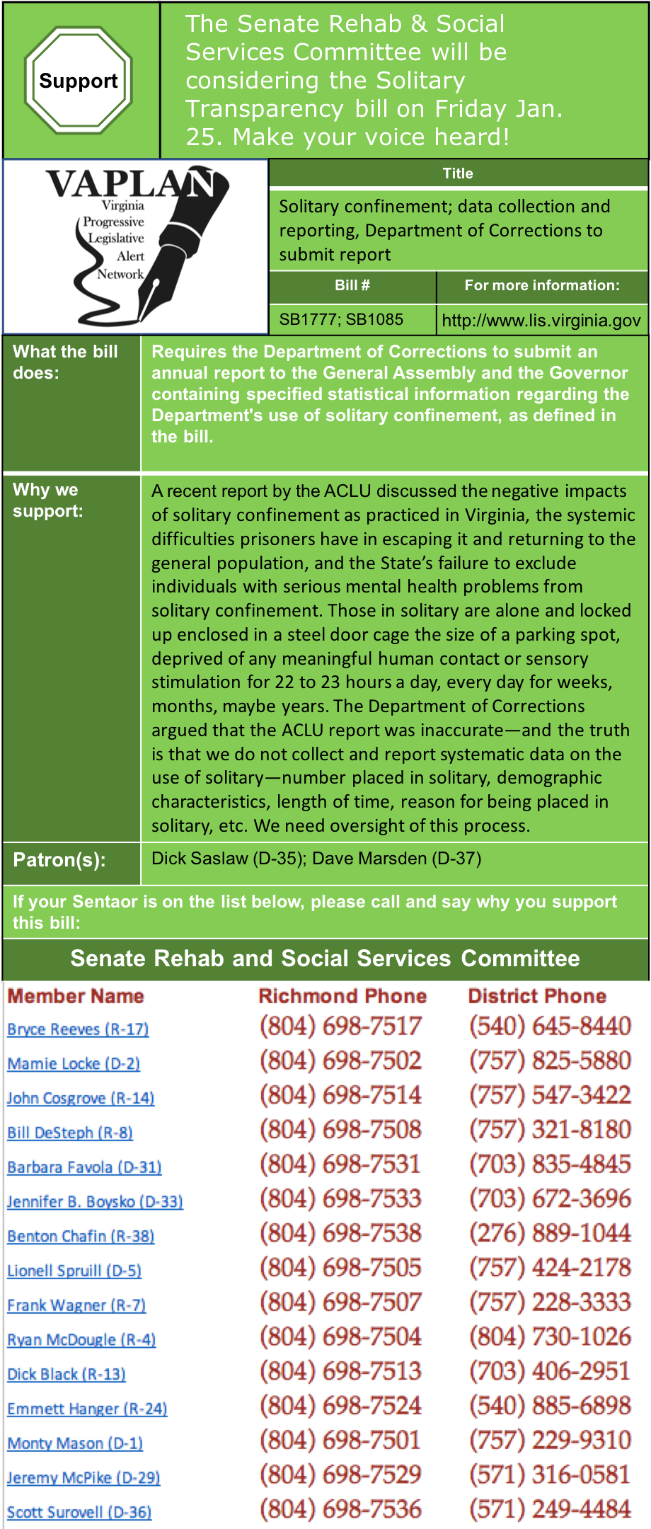 ALERT: Senate Rehab and Social Services to hear Solitary Transparency Bill Friday Jan. 25